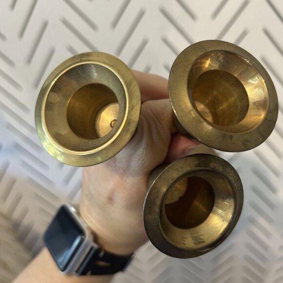 Vintage Set of 3 Brass Candlestick Holders Art Deco Revival Glam Home Decor MCM - Picture 8 of 10